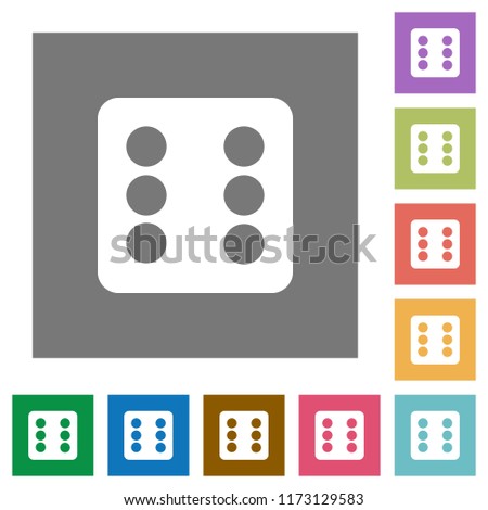 Dice six flat icons on simple color square backgrounds