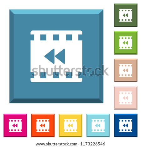 Movie fast backward white icons on edged square buttons in various trendy colors