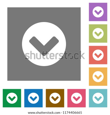 Chevron down flat icons on simple color square backgrounds