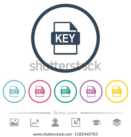 Private key file of SSL certification flat color icons in round outlines. 6 bonus icons included.