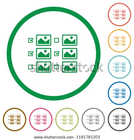 Multiple image selection with checkboxes flat color icons in round outlines on white background