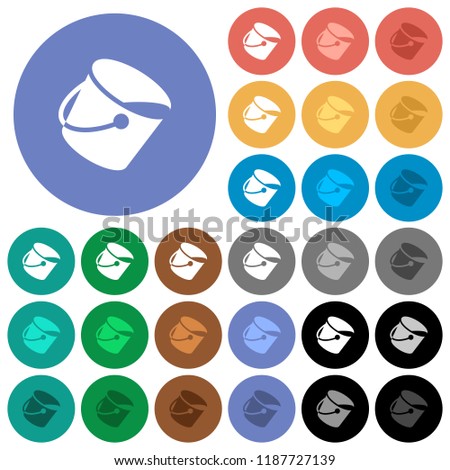 Paint bucket multi colored flat icons on round backgrounds. Included white, light and dark icon variations for hover and active status effects, and bonus shades.