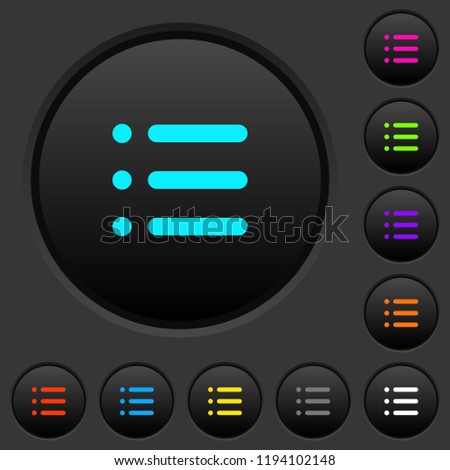 Unordered list dark push buttons with vivid color icons on dark grey background