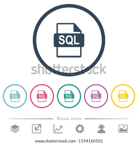 SQL file format flat color icons in round outlines. 6 bonus icons included.
