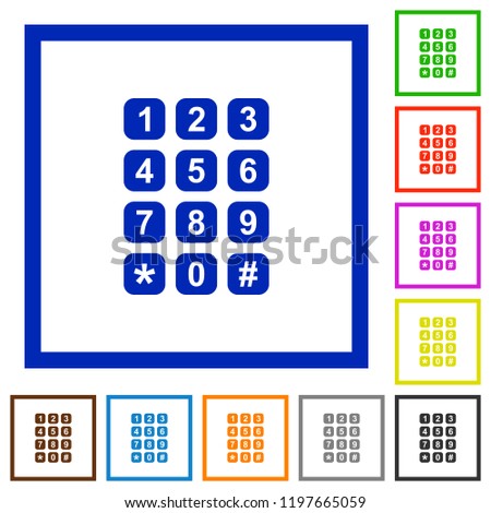 Numeric keypad flat color icons in square frames on white background