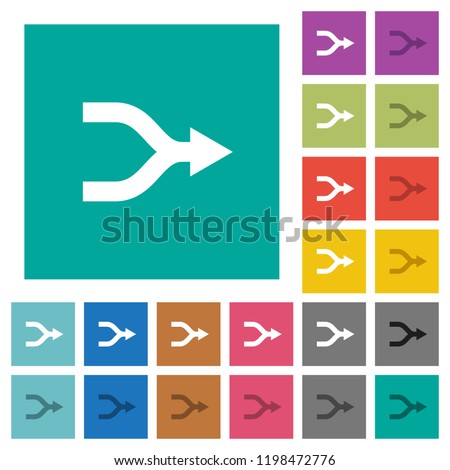 Merge arrows multi colored flat icons on plain square backgrounds. Included white and darker icon variations for hover or active effects.