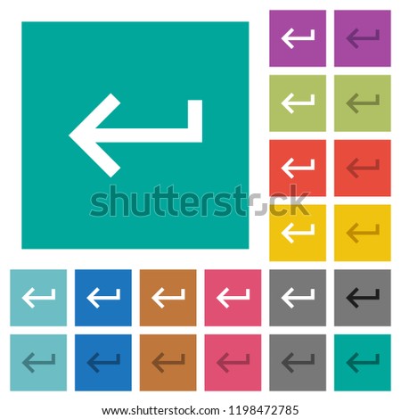 Keyboard return multi colored flat icons on plain square backgrounds. Included white and darker icon variations for hover or active effects.