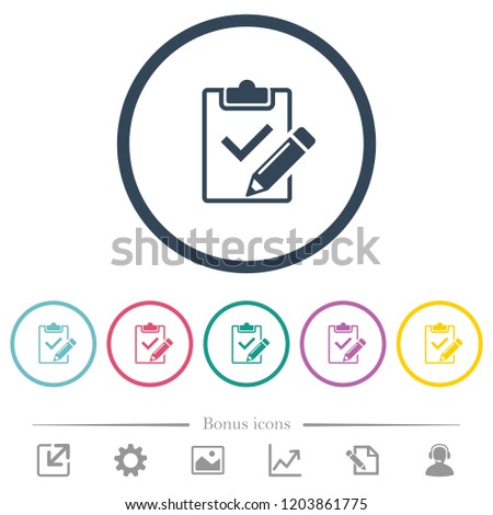 Fill out checklist flat color icons in round outlines. 6 bonus icons included.