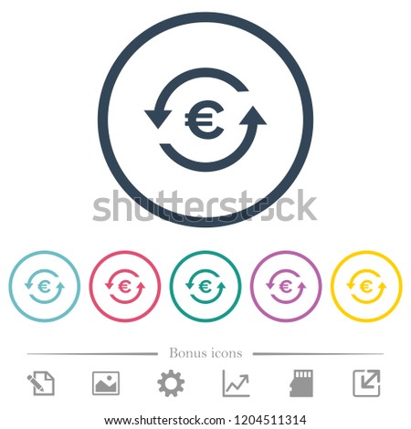 Euro pay back flat color icons in round outlines. 6 bonus icons included.