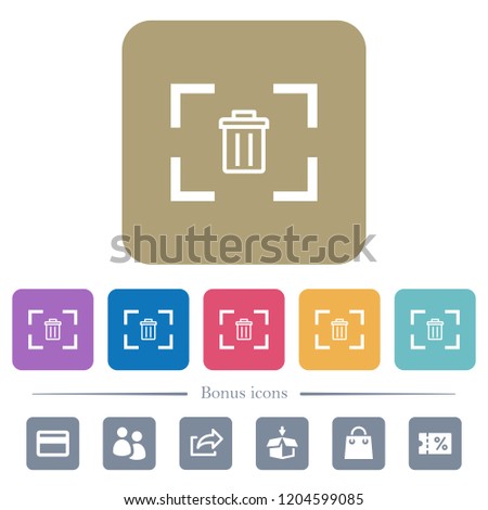 Delete image from camera white flat icons on color rounded square backgrounds. 6 bonus icons included