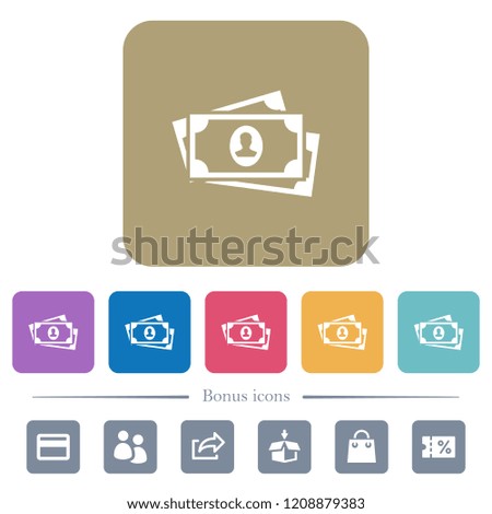 More banknotes with portrait white flat icons on color rounded square backgrounds. 6 bonus icons included