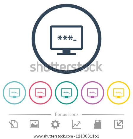 Entering to application flat color icons in round outlines. 6 bonus icons included.
