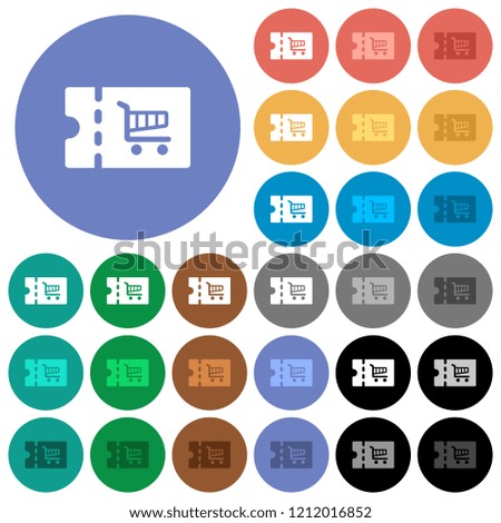 Cart discount coupon multi colored flat icons on round backgrounds. Included white, light and dark icon variations for hover and active status effects, and bonus shades.