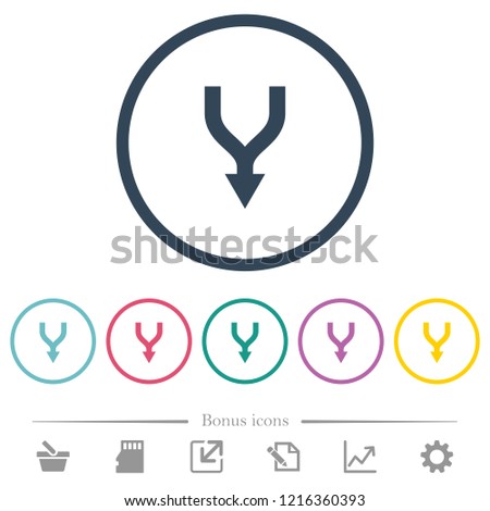 Merge arrows down flat color icons in round outlines. 6 bonus icons included.