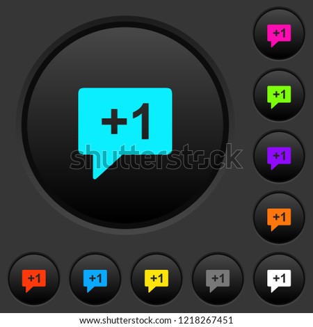 Plus one sign dark push buttons with vivid color icons on dark grey background