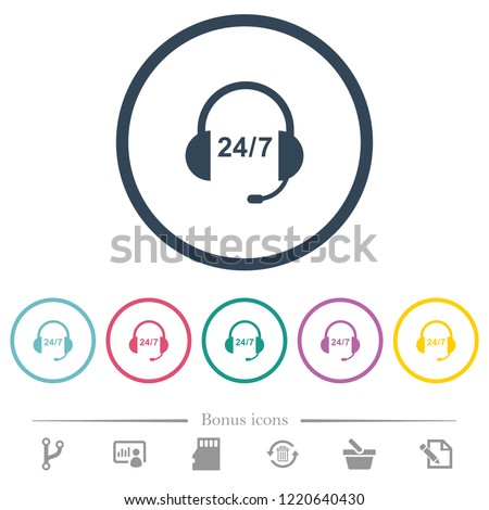 24 hour call center flat color icons in round outlines. 6 bonus icons included.