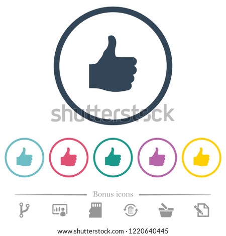 Thumbs up flat color icons in round outlines. 6 bonus icons included.