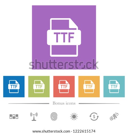 TTF file format flat white icons in square backgrounds. 6 bonus icons included.