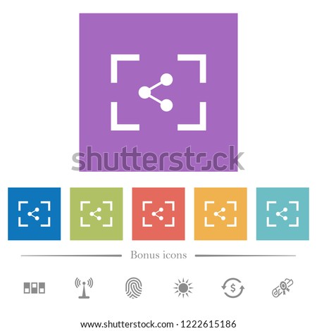 Camera share image flat white icons in square backgrounds. 6 bonus icons included.
