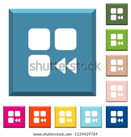 Component fast backward white icons on edged square buttons in various trendy colors