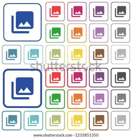 Photo library color flat icons in rounded square frames. Thin and thick versions included.