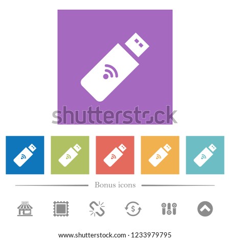 Wireless usb stick flat white icons in square backgrounds. 6 bonus icons included.