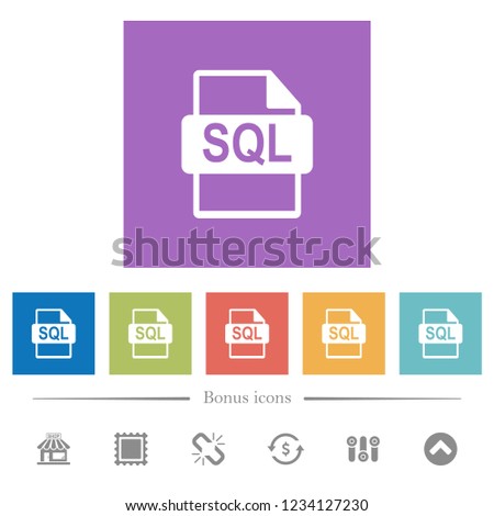 SQL file format flat white icons in square backgrounds. 6 bonus icons included.