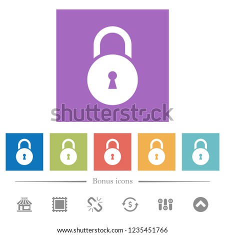 Locked round padlock with keyhole flat white icons in square backgrounds. 6 bonus icons included.