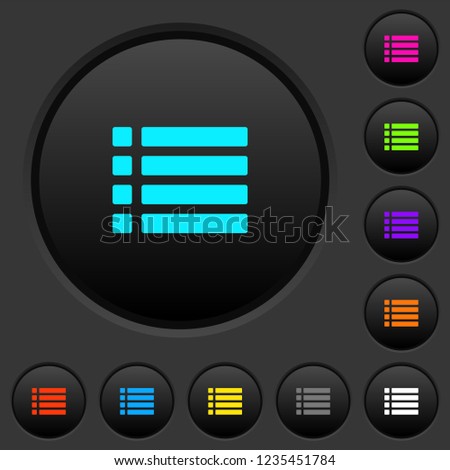 Unordered list dark push buttons with vivid color icons on dark grey background