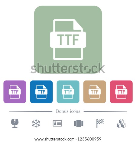 TTF file format white flat icons on color rounded square backgrounds. 6 bonus icons included