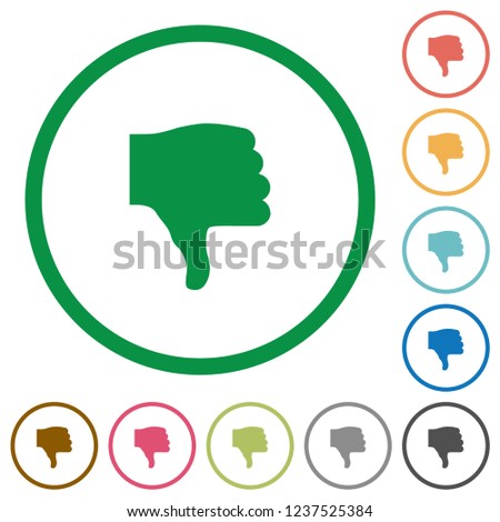 Thumbs down flat color icons in round outlines on white background