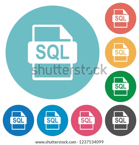 SQL file format flat white icons on round color backgrounds