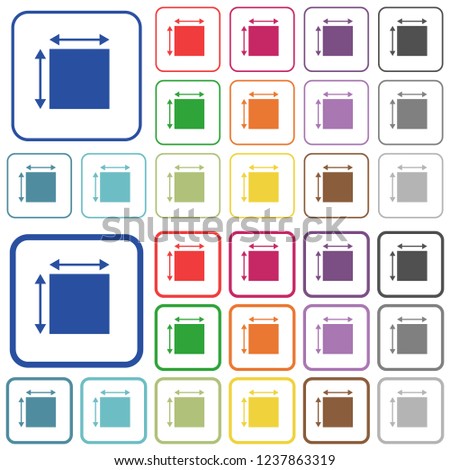 Elemet dimensions color flat icons in rounded square frames. Thin and thick versions included.