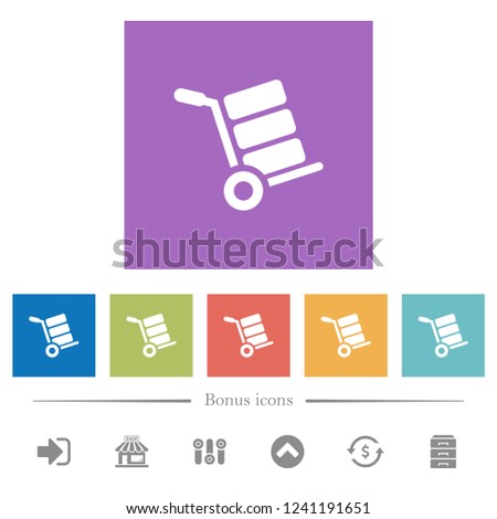 Hand truck with boxes flat white icons in square backgrounds. 6 bonus icons included.