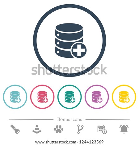 Add to database flat color icons in round outlines. 6 bonus icons included.