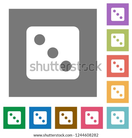 Dice three flat icons on simple color square backgrounds