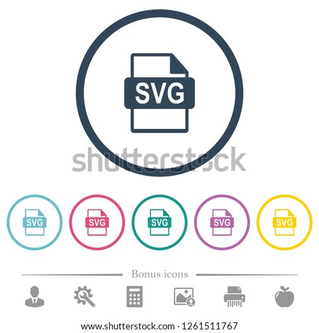 SVG file format flat color icons in round outlines. 6 bonus icons included.