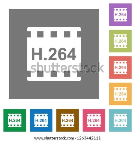 H.264 movie format flat icons on simple color square backgrounds