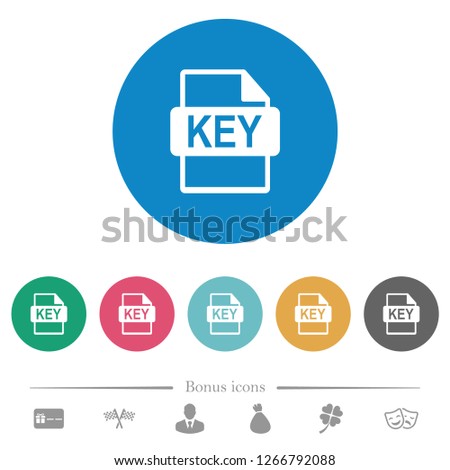 Private key file of SSL certification flat white icons on round color backgrounds. 6 bonus icons included.