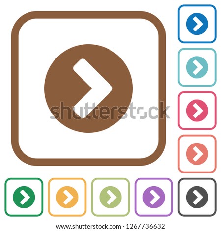 Chevron right simple icons in color rounded square frames on white background