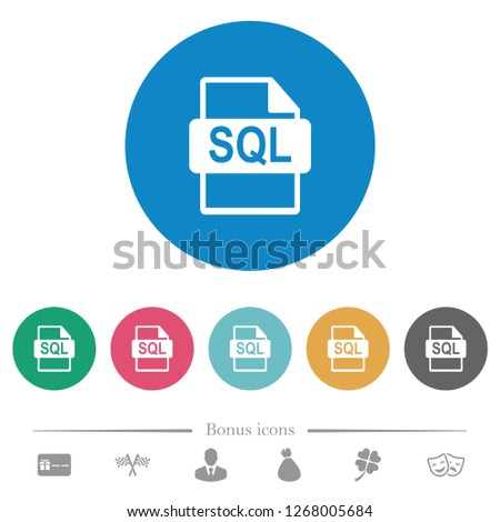 SQL file format flat white icons on round color backgrounds. 6 bonus icons included.
