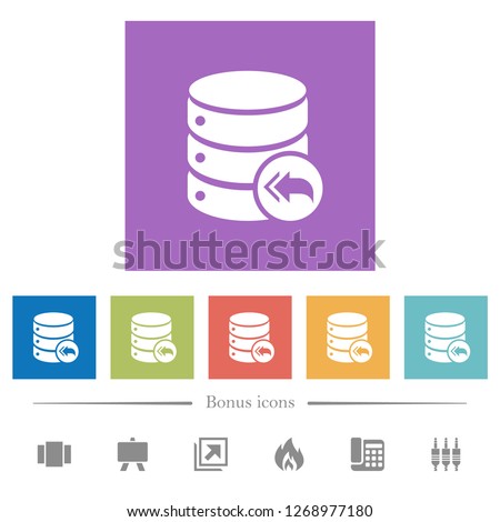 Database loopback flat white icons in square backgrounds. 6 bonus icons included.