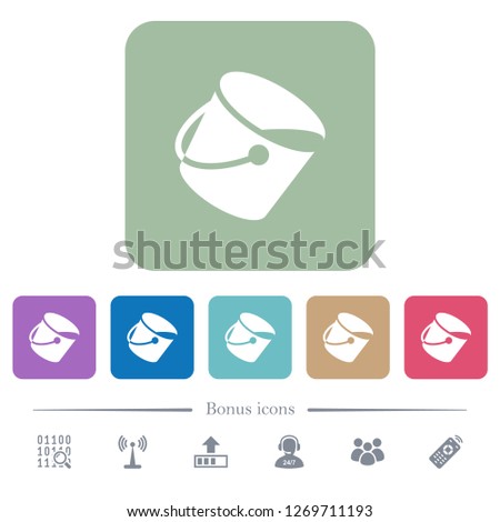 Paint bucket white flat icons on color rounded square backgrounds. 6 bonus icons included