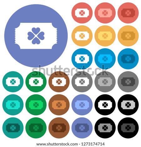 Lottery ticket multi colored flat icons on round backgrounds. Included white, light and dark icon variations for hover and active status effects, and bonus shades.