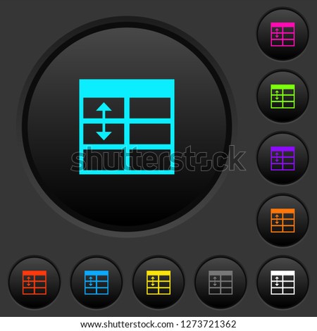 Spreadsheet adjust table row height dark push buttons with vivid color icons on dark grey background