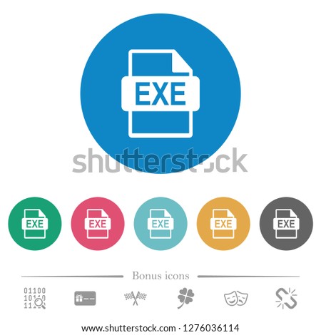 EXE file format flat white icons on round color backgrounds. 6 bonus icons included.