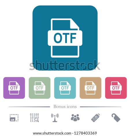 OTF file format white flat icons on color rounded square backgrounds. 6 bonus icons included