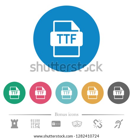 TTF file format flat white icons on round color backgrounds. 6 bonus icons included.