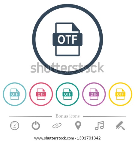 OTF file format flat color icons in round outlines. 6 bonus icons included.