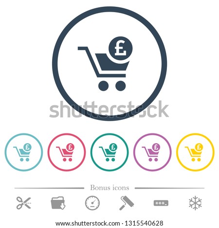 Checkout with Pound cart flat color icons in round outlines. 6 bonus icons included.